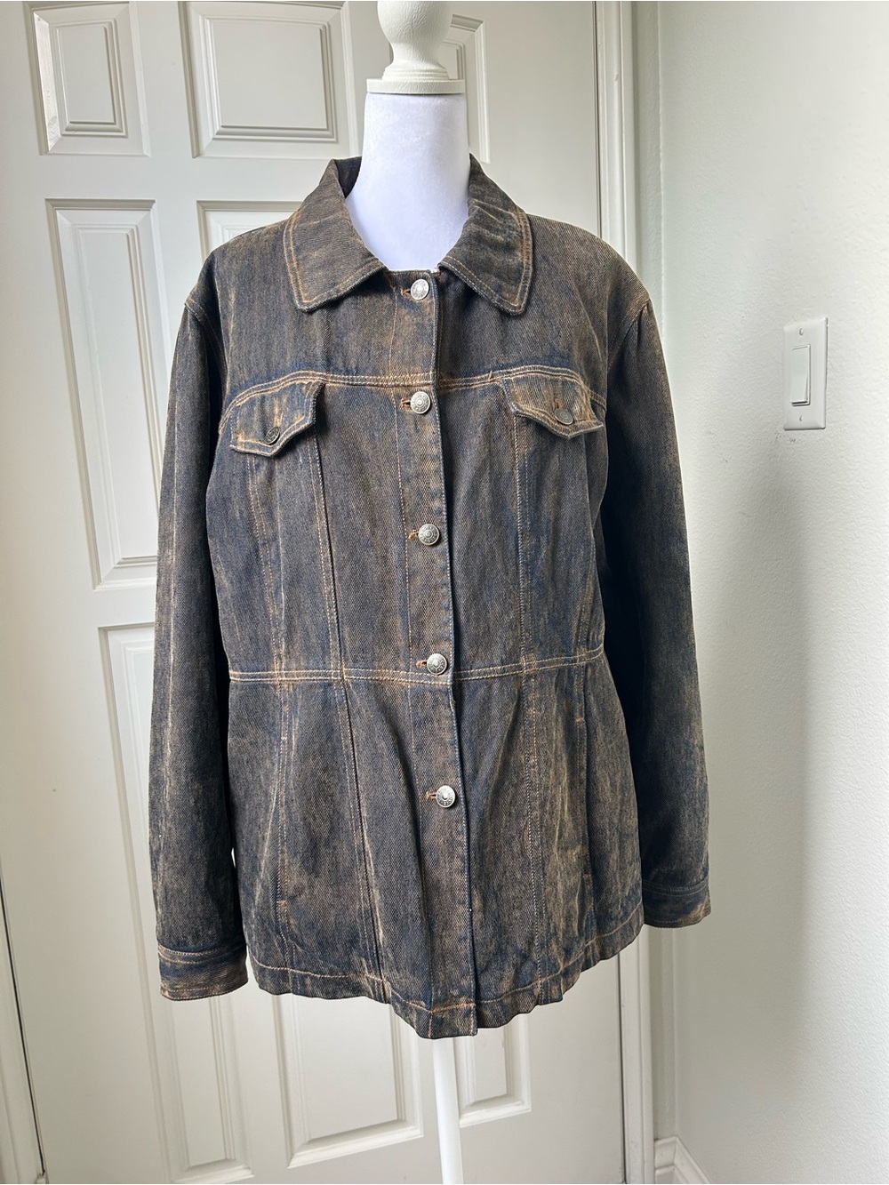90s Giacca Quilted Oversized Denim Jacket Acid Wash Dark Wash Vintage Coat